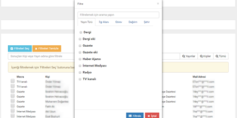 Turkish media contact database filtering